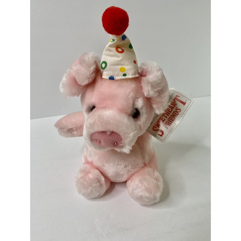 Commonwealth Pink Pig 8” Plush Party Hat 1990s Stuffed Animal Sweetheart Friends